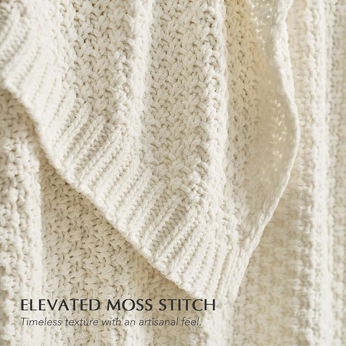 EVERGRACEHOME Chunky Chenille Knit Throw Blanket, 50 x 60, Ivory White | Sculpted Moss Stitch, Chic Modern Farmhouse, All-Season Warmth, OEKO-TEX® Certified, Elegant Blanket for Couch, Bed, Sofa