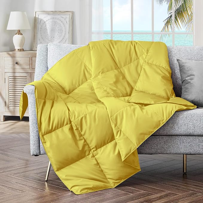 puredown® Soft Feather Down Throw Blanket Lightweight Packable Couch Throw for Indoor and Outdoor Use, 50"X70", Yellow
