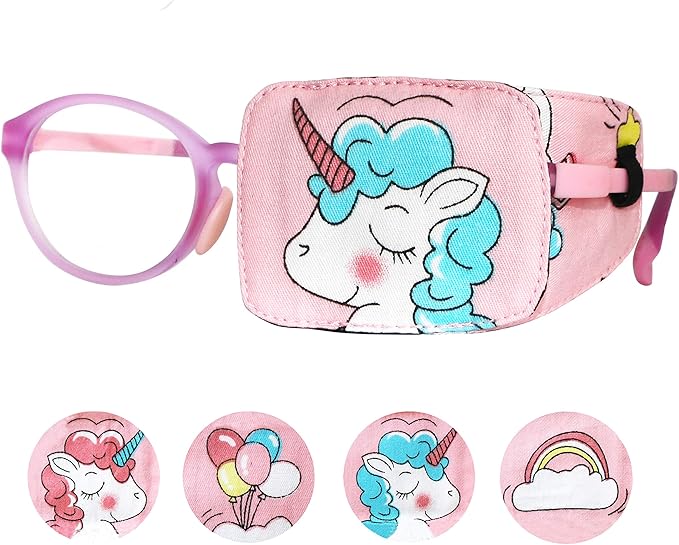 Astropic Cotton & Silk Eye Patch for Kids Glasses (Left Eye, Blue Hair Unicorn)
