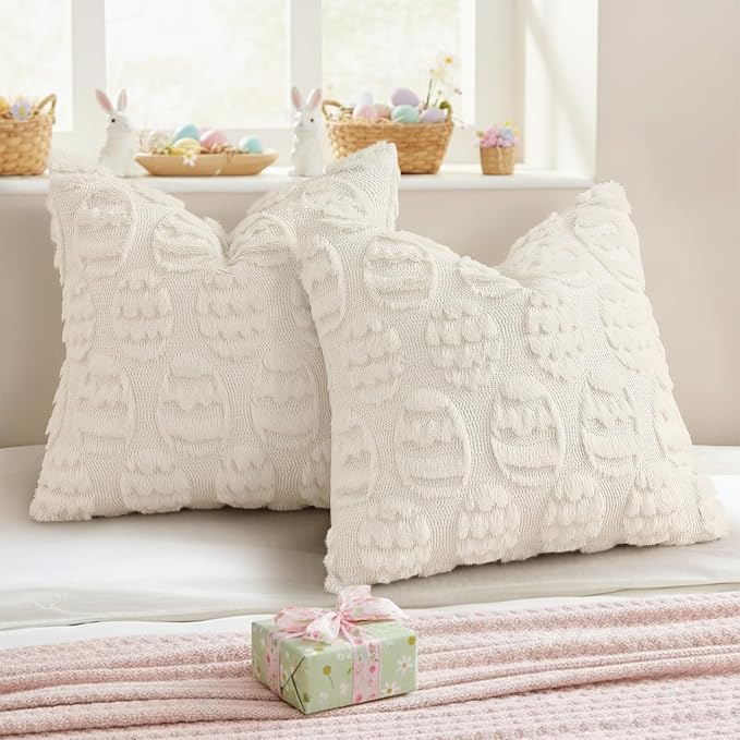 decorUhome Cream White Faux Fur Egg Throw Pillow Covers 16x16 Set of 2 | Plush Soft Wool Jacquard Cream White Cushion Covers, Modern Farmhouse Easter Holiday Decor Pillow Covers for Couch Sofa Bed