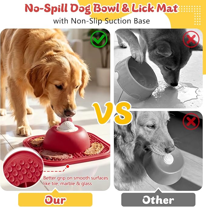 Slow Feeder Dog Bowls & Lick Mat for Liquid and Thick Treat, Anti-Slip Dog Lick Bowl with Interactive Rolling Ball, 5/6 Cup Pup Licking Toy for Large Medium Small Dogs and Cats-Large Red