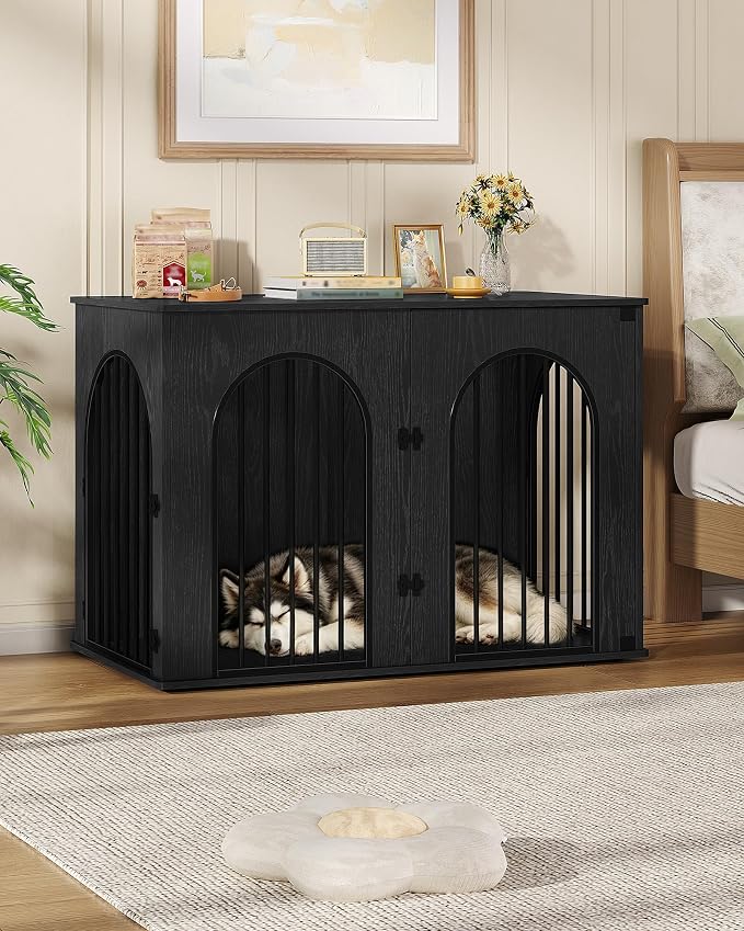 Hzuaneri 46.5'' Dog Crate Furniture,Dog Kennel Indoor for Medium/Large Dogs | Dog Kennel Furniture Wooden Dog Cage Heavy Duty Dog Crate Decorative Pet House End Side Table TV Stand,Black DFC93904B