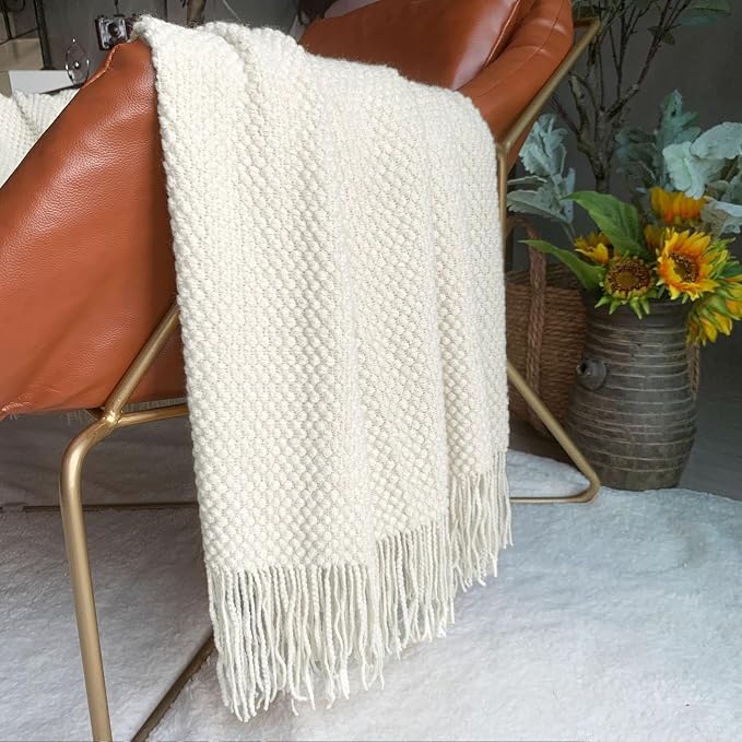 LOMAO Knitted Throw Blanket with Tassels Bubble Textured Lightweight Throws for Couch Cover Home Decor (Cream, 50x60)