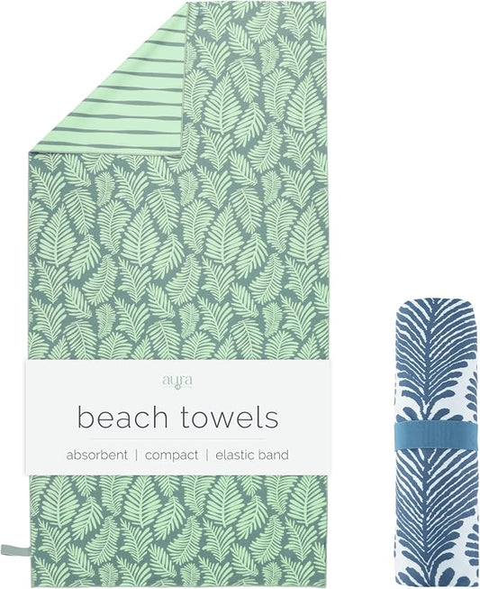 S&T INC. Aura Beach Towel 2 Pack, Quick-Dry Pool Towels with Elastic Band for Travel, Gym, and Yoga, Sand Resistant, 35 inches x 70 inches, Leaves