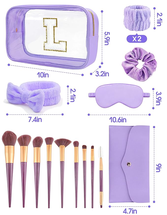 Gift Sets for Women, Initial Makeup Bag with Makeup Brush Set Bachelorette Party Favors, Purple Spa Kit with Skincare Headbands Wrist Bands Sleepover Party Supplies Gifts for Teen Girls Bridesmaid L