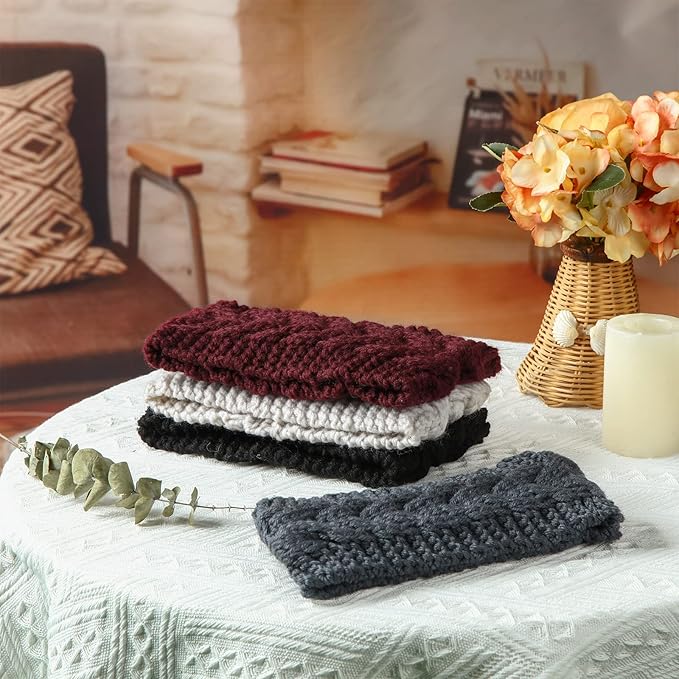 4 Pieces Winter Ear Warmers Headbands Women Warm Knitted Headband Braided Crochet Head Wraps (Black, Fuchsia, Dark Grey, Beige)