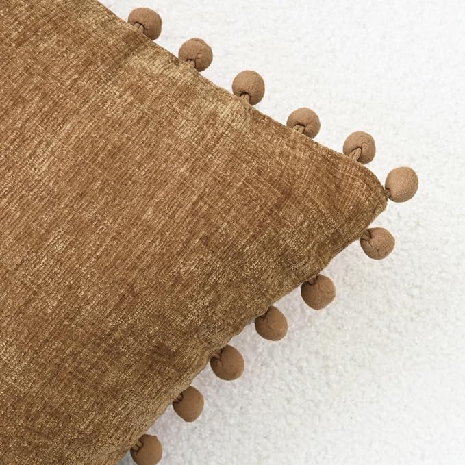 CaliTime Decorative Couch Throw Pillow Covers 16 X 16 Inches Apricot Brown | Pack of 2, Cozy Chenille Cushion Cases, with Pom Poms for Sofa Bed Living Room Farmhouse Home