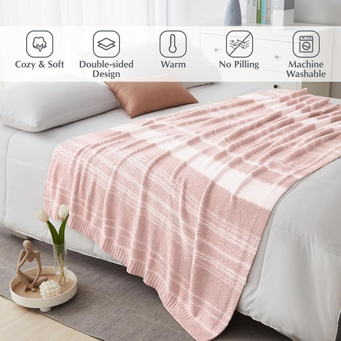 Soft Throw Blanket for Couch-Cozy Reversible Knitted Blankets | Lightweight Warm Fluffy Decor for Women, Mom, Her & Girls, Sofa, Chair, Bed, 50x70in, Pink Stripe