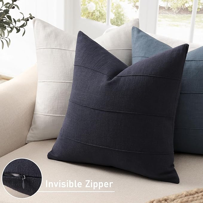 Decorative Linen Throw Pillow Covers 24x24 Set of 2 Solid Handcrafted Striped Cushion Covers for Bed Soft Modern Farmhouse Neutral Pillowcase for Couch Bedroom Living Room Home Decor(Dark Navy)