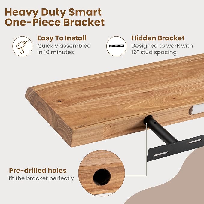 Floating Shelves for Wall Decor, Rustic Solid Elm Wood Live Edge Floating Shelves Wall Mounted, Wall Shelves with Invisible Bracket for Living Room Bathroom Bedroom Kitchen, 20 Inch Set of 2, Natural