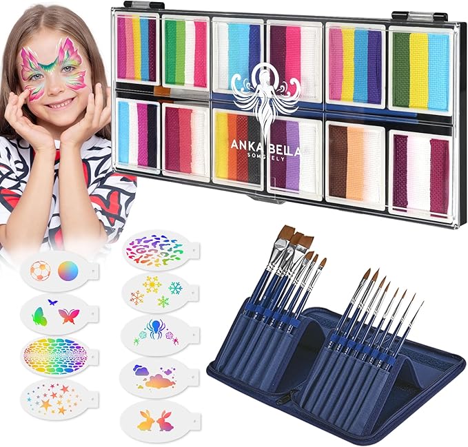 Anka Bella Professional Face Painting Kit for Kids,12X10gm Water Activated Rainbow Cake Face Paint with Stencil & Brushes,Hypoallergenic & Non-Toxic,Gift for Birthday Parties/Halloween/Carnival