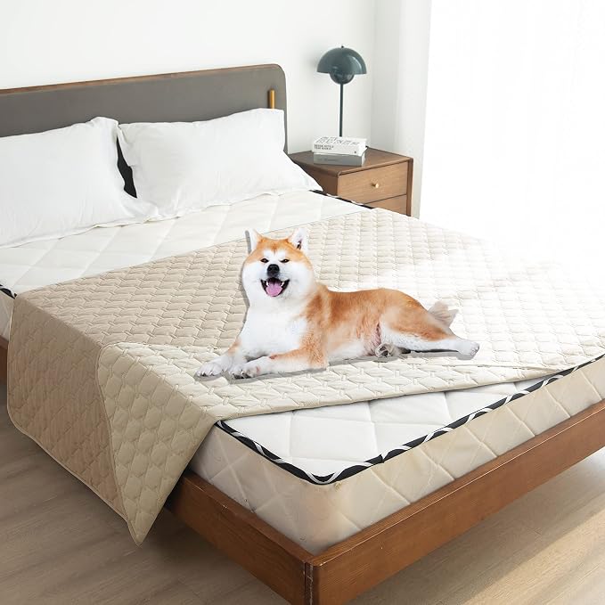 gogobunny Waterproof Dog Blankets for Large Dogs, Pet Bed Cover Breathable | Washable Pee Pads, Quilted Throw Blanket, Furniture Protector for Couch Sofa Bed Car, 82x82 Inch Dark/Light Beige