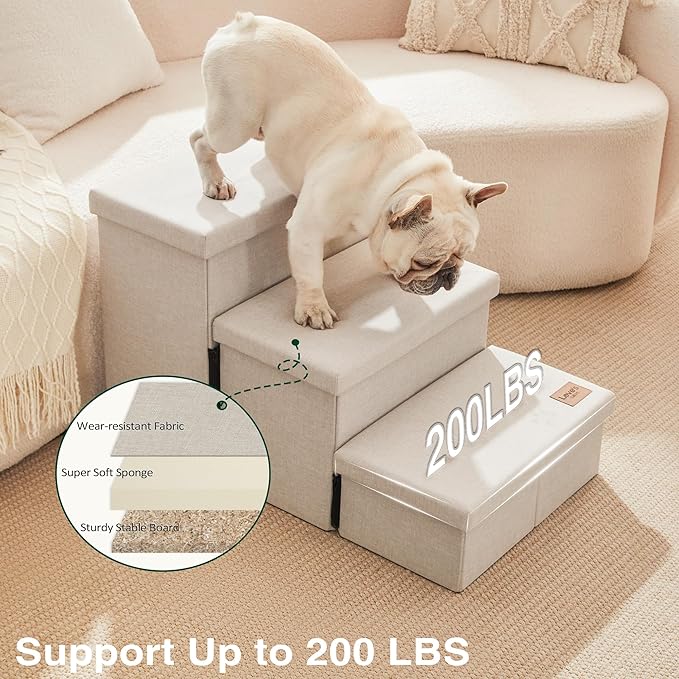 Love's cabin Dog Stairs for High Bed, Foldable Pet Stairs for Small Medium or Large Dogs Puppy with Storage for Bed or Couch, Cat Dog Steps Ramp with Zip up to 200 lbs, Beige, 3 Steps