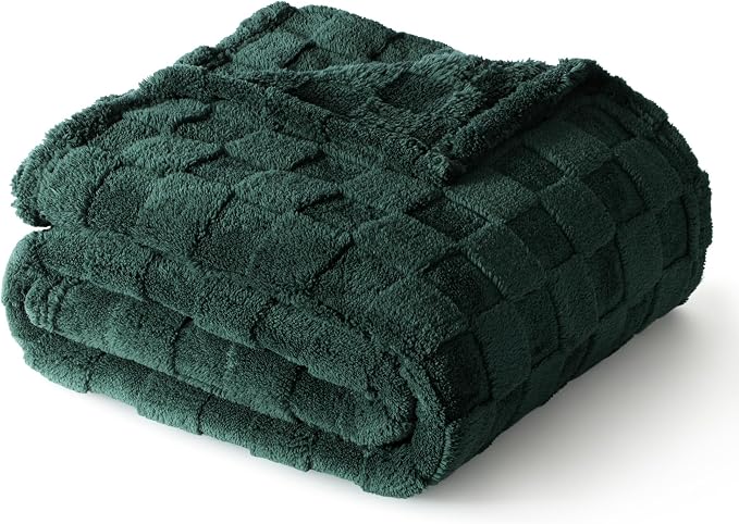 Exclusivo Mezcla 3D Checkered Fleece Throw Blanket for Couch, Green | Super Soft and Cozy Fluffy Throw, Lightweight and Breathable, Cute Fuzzy Blanket for Sofa, Home Decor, All Season, 50"x60"