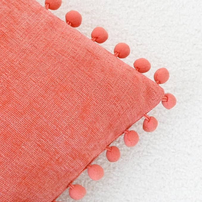 CaliTime Decorative Couch Throw Pillow Covers 16 X 16 Inches Living Coral | Pack of 2, Cozy Chenille Cushion Cases, with Pom Poms for Sofa Bed Living Room Farmhouse Home