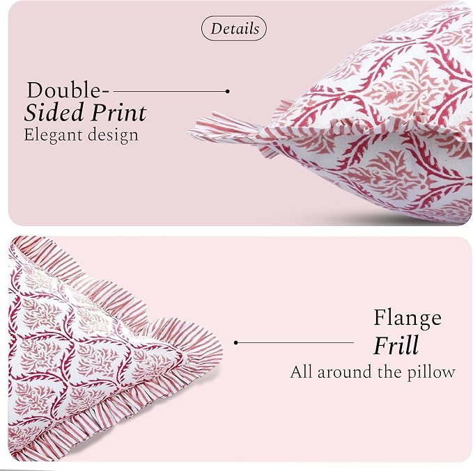 CPC Blush Rose Hand Block Print 100% Cotton Ruffle Throw Pillow Cover 24x24 inch with Hidden Zipper Decorative for Couch, Bed, Sofa, Farmhouse, Cottagecore Decor Gift Christmas Fall Thanksgiving