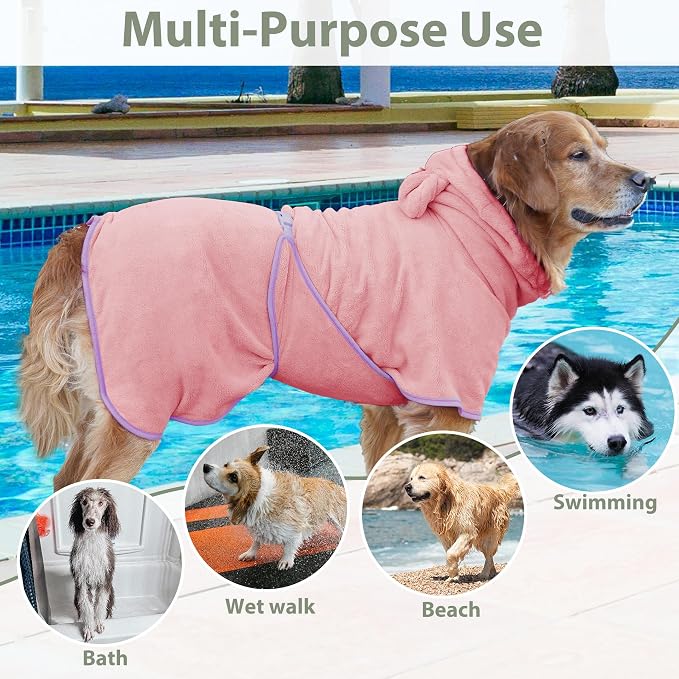 Dog Bathrobe Super Absorbent Towel Robe - Microfiber Bath Towels Fast Drying Coat for Dogs, Cute Dogs Clothes Adjustable Collar & Belly Strap Warm Keeping Hooded Dog Towel (Pink, Medium)