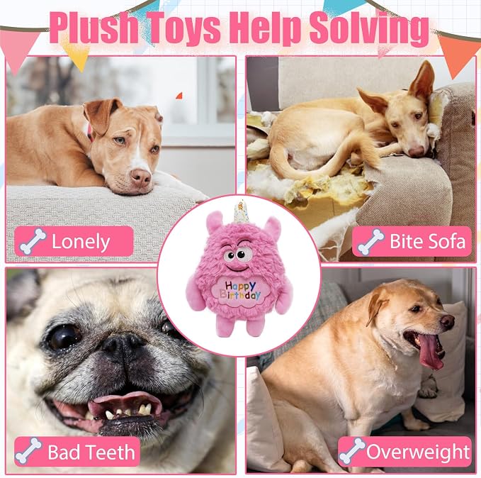 Monster Dog Birthday Toy for Gifts, Stuffed Dog Plush Toy, Pink | Crinkle Squeaky, Soft Lightweight Toy for Fetch and Chew, Interactive Outdoor Indoor Play for Tug, For Puppy Small Medium Dog