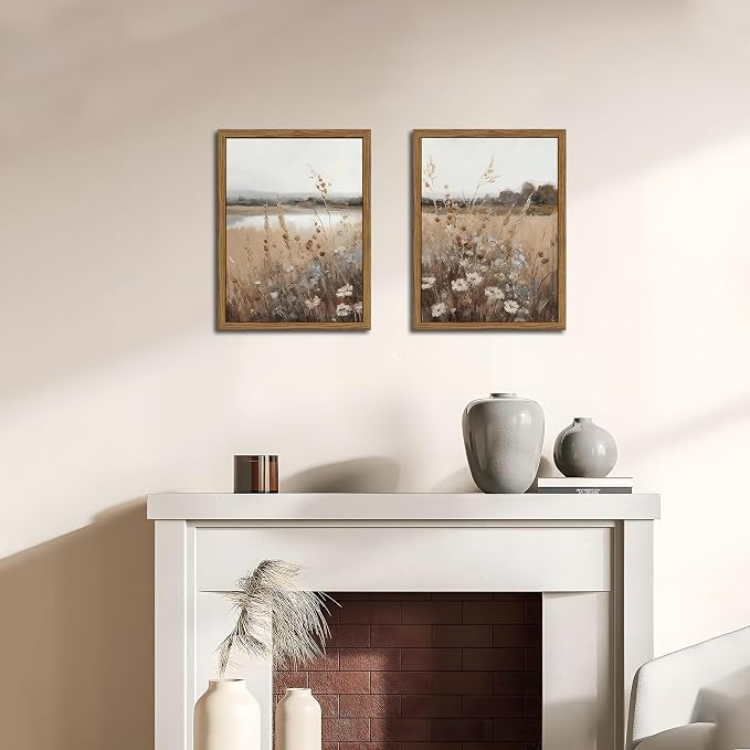 Wood Frame Vintage Wall Art Set of 2, Retro Farmhouse Wildflower Wall Decor Paintings Art Pictures, Country Floral Field Landscape Canvas Posters Prints for Bedroom Bathroom 12x16In Framed