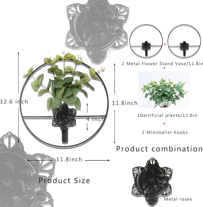 M-dazzling Metal Plants wall hanging decor;Wall-Mounted Plants Wall ;Plant Wall Decor; Metal wall hanging Vase;Living Room, Bedroom, Bathroom, Dining room,Plant Wall-Mounted Decor (Black Rose)