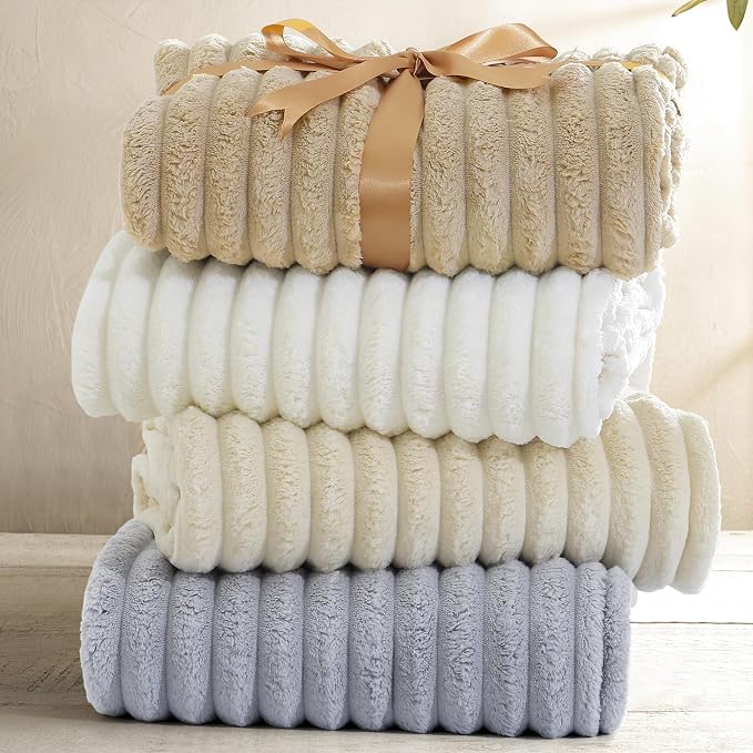 decorUhome Brown Fleece Twin Blanket 60x80 Inches | Soft Couch Cozy Fluffy Plush Flannel Striped Blanket for Sofa Bed, Lightweight Decorative Ribbed Fuzzy Blanket for Woman