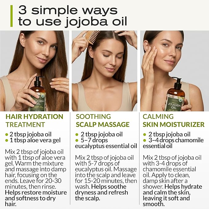 Ella & Eden 8 Oz Organic Jojoba Oil For Hair – USDA Certified, 100% Pure Cold-Pressed & Unrefined Moisturizer for Hair, Skin, Face & Nails, Hexane-Free Carrier Oil - Food Grade Plastic Bottle