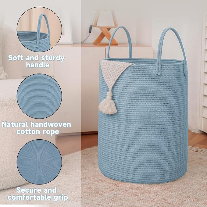 JMvicyroam 80L Cotton Rope Laundry Basket Hamper, Blue | Collapsible laundry basket, reinforced handles, freestanding, machine washable, holds 3-5 thick blankets, clothes or toys