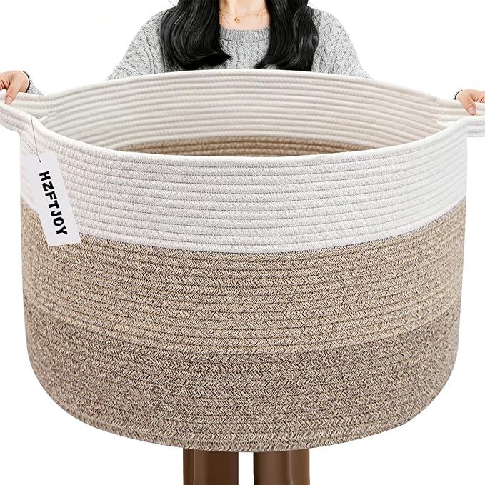 65L Large Blanket Basket,Woven Rope Laundry Basket-Mix Brown | Collapsible Nursery Storage Bin with Sturdy Handles, Organizes Clothes, Toys and Pillows for Living Room, Bedroom, Bathroom