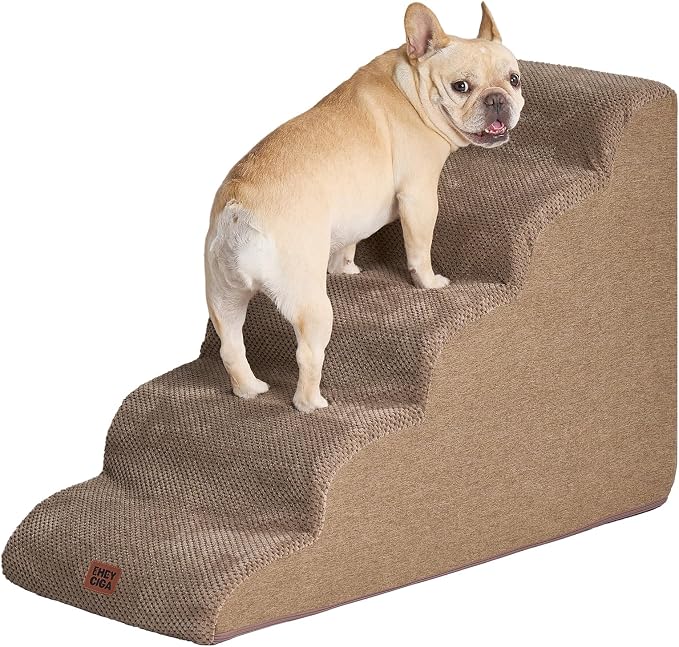 EHEYCIGA Curved Dog Stairs Ramp, 5-Step High Beds, 22.6" H Pet Step | 33D density of pure foam, for Small Dogs and Cats, Pet Stairs for High Bed Climbing, Non-Slip Balanced Indoor, Camel