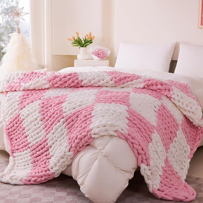 Chunky Knit Blanket Throw for Couch, 51"x63" Chunky Yarn Knitted Blankets | 100% Hand Knit Thick Chenille, Soft Breathable for Bed, Sofa, Home Decor, Cozy Gifts for Women Friends, Pink Checkered