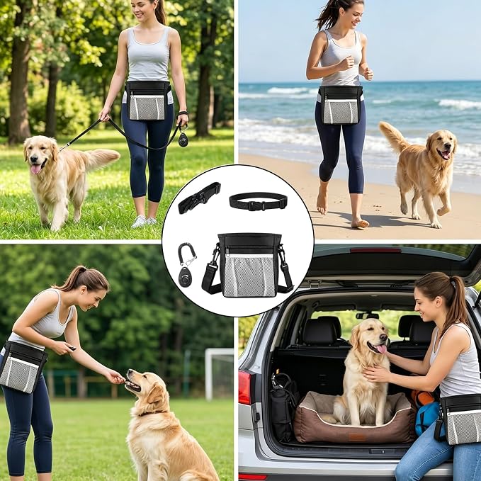 Dog Treat Pouch with Pet Training Clicker, Dog Puppy Training Treat Bag Poop Bag Dispenser Easily Carrying Kibble Snacks Pet Toys for Travel or Outdoor Use