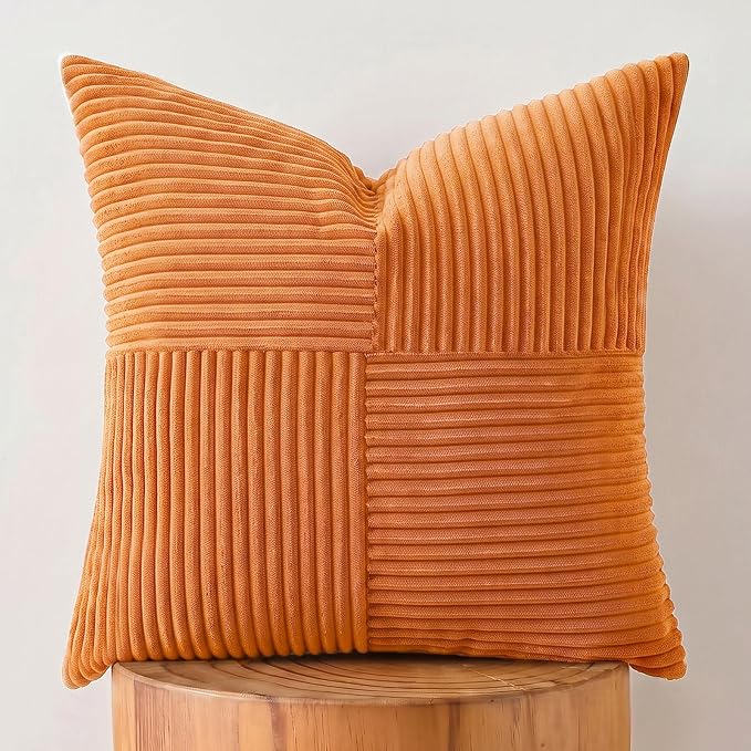 Fancy Homi Burnt Orange Samll Fall Decorative Throw Pillow Covers 14x14 Inch with for Couch Bed Sofa, Farmhouse Boho Home Decor, Soft Corss Patchwork Corduroy Square Cushion Case 35x35 cm