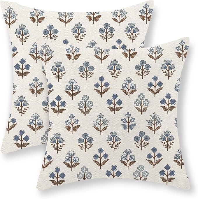 Brown Blue Pillow Covers 24x24 Inch Set of 2 Boho Block Print Floral Throw Pillows Vintage Flower Decorative Pillow Cases Outdoor Linen Farmhouse Cushion Cover for Couch Sofa Bed Decor