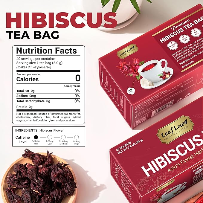 LeafLea 120 Hibiscus Tea Bags, Rich Flavor & Color, 120 Count | 100% Pure Natural Red Hibiscus Flower, Te De Hibisco, Caffeine-Free, Sugar-Free, Vegan, Non-GMO, Convenient 3 Pack