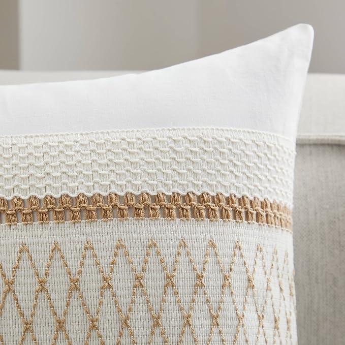 2pk Boho Pillow Covers 16x16, Natural White/Grid/Brown | 100% Organic Cotton Body, Stripe Embroidery, Farmhouse Decorative Cushion Covers for Sofa Bed Living Room Home Decor