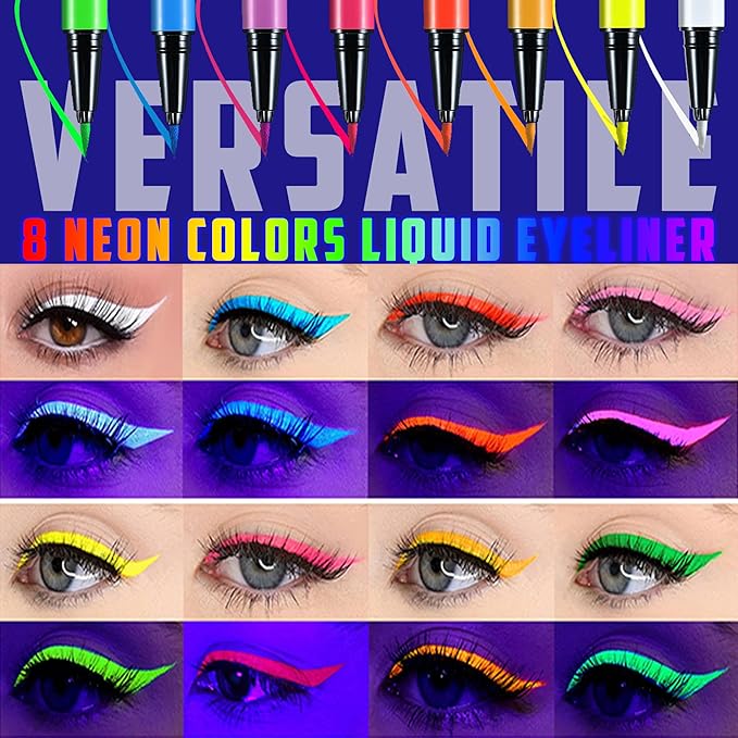 CCbeauty 8 Colors Neon Liquid Face Paint Makeup, Sweatproof, Smudgeproof, Waterproof UV Eye Liner Set, Glow Face Painting Kit for Adults Artist Halloween Christmas Birthday Party