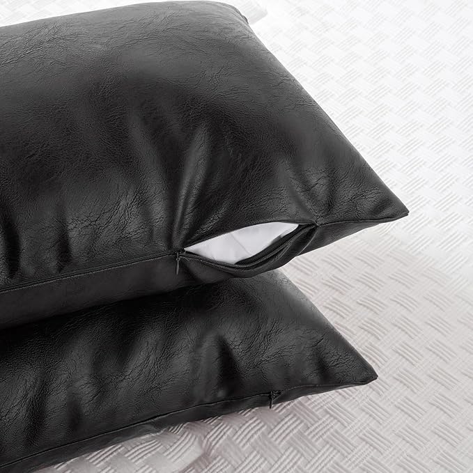 Fancy Homi Black Boho Lumbar Faux Leather Long Body Decorative Throw Pillow Cover 12x40 Inch for Bedroom Couch Bed Sofa Bench, Thick Stylish Solid Pillowcase, Rustic Modern Farmhouse Room Decor
