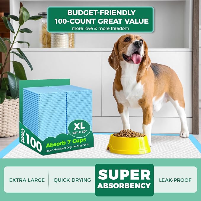 Dog Pee Pads Extra Large 28"x 30" 100 Count, Puppy Pads XL 100 Pack Leak-Proof XLarge Pee Pads for Dogs, Super Absorbent & Quick-Dry Disposable Pet Potty Training Pads for Dogs, Puppies, Doggy