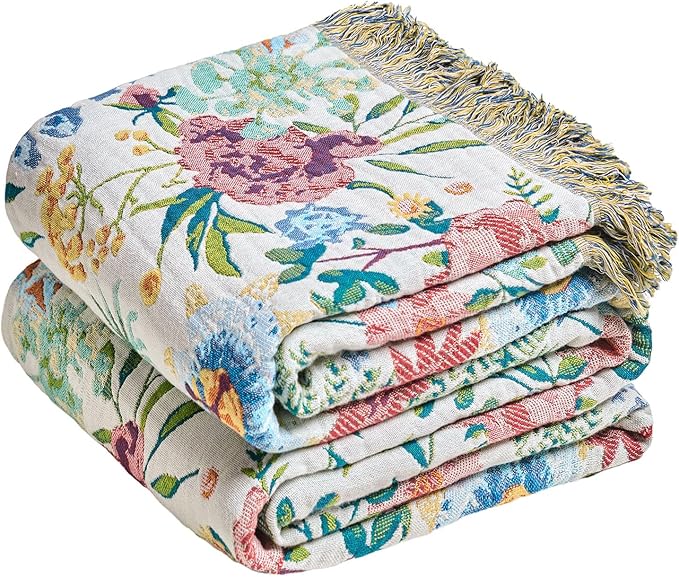 MSGKV Boho Throw Blanket 50"x60" Summer Cotton Orchid Blanket for Couch | 100% Cotton Muslin, Orchid Throw Blanket, Reversible Weave, Soft & Breathable, Elegant Home Accent, Machine Washable