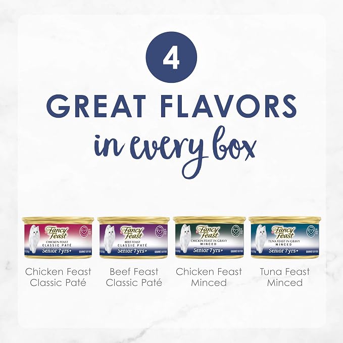 Purina Fancy Feast Senior 7+ Wet Cat Food Variety Pack, 3 oz, 24-Pack | Chicken, beef, and tuna recipes with high protein to support strong muscles. Includes antioxidants to support immune health