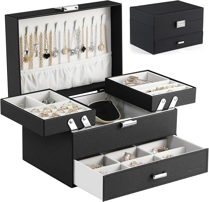 Jewelry Organizer Box, Large Jewelry Boxes for Women Girls, Space-Saving 3 Layers Jewelry Storage Case with Drawer, Movable Metal Stand, Modern, Gift Idea (Black)