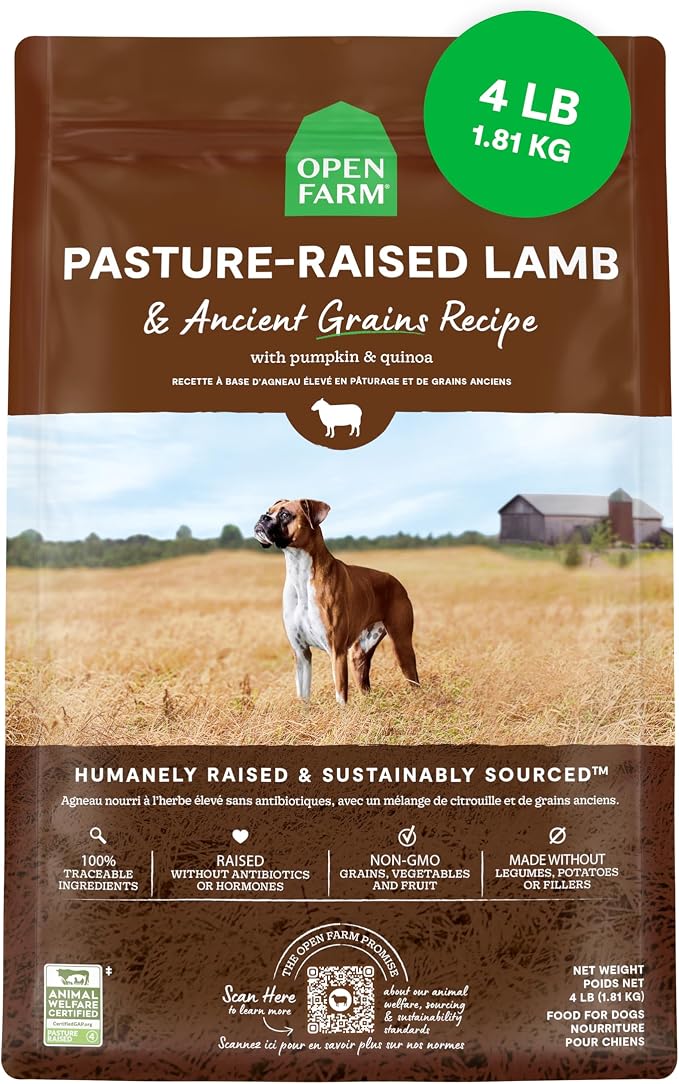 Open Farm Ancient Grains Dry Dog Food, Pasture Raised Lamb Kibble, 4lb Bag | All Life Stages, All Breed Sizes, Protein-Rich & Nutrient Dense, 100% Traceable Ingredients, Non-GMO Fruits & Veggies.
