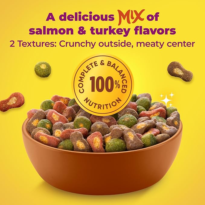 Meow Mix Tender Centers, Dry Cat Food, Salmon & Turkey Flavors, 4 Bags | 3-lb bags, two texture kibble with vitality bursts, meaty center surrounded by a crunchy outer layer