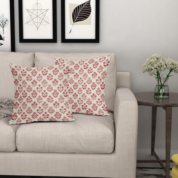 Red Pink Floral Block Print Pillow Covers 18x18 Inch Set of 2, Vintage Flower Pattern Decorative Throw Pillowcases Outdoor Farmhouse Cushion Covers Spring Summer Rustic Sofa Couch Bed Decor