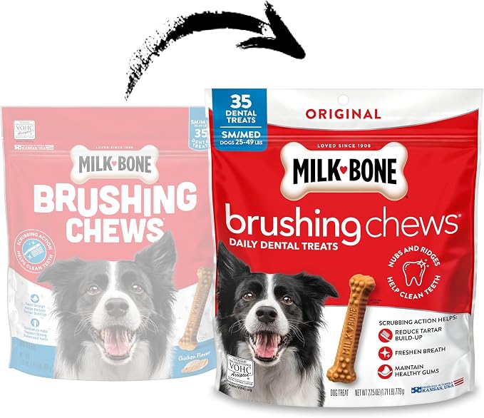 Milk-Bone Brushing Chews, Small/Medium, Original Flavor, 35 Dental Treats | 27.5-oz. bag, Daily dental dog treats, For dogs 25-49 lbs., Original chicken flavor
