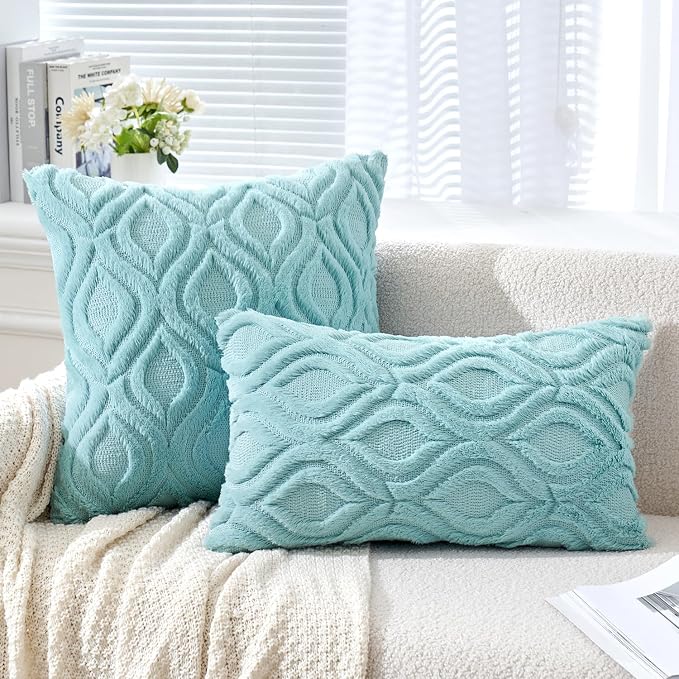 MIULEE Sky Blue Soft Plush Faux Wool Throw Pillow Covers 20x20 | Set of 2, Farmhouse Boho Home Decor, Decorative Cushion Covers for Sofa, Living Room, Bed