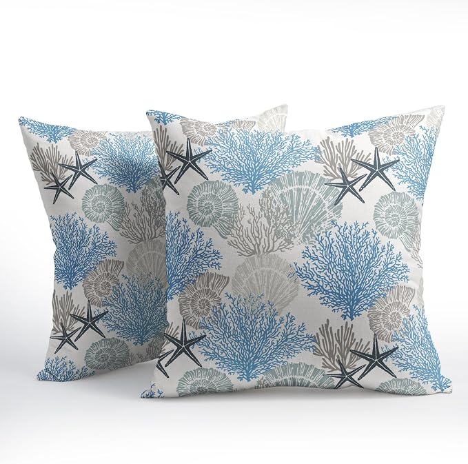 Coastal Starfish Seashell Coral Pillow Covers 20x20 Inch Set of 2 Summer Nautical Beach Decorative Pillow Cases Sea Ocean Cotton Linen Cushion Case Farmhouse Home Decor for Sofa Couch Bedroom