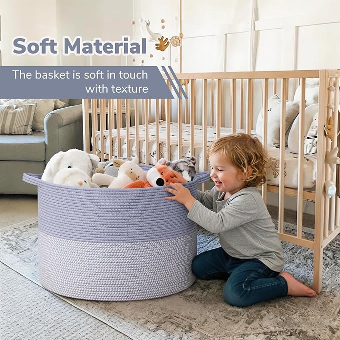INDRESSME 115L Extra Large Woven Rope Blanket Basket Living Room Blue | 23.6" x 15.7" Storage baskets for toys laundry & pillows. Fits living room, bedroom or nursery décor. Soft-touch with handles