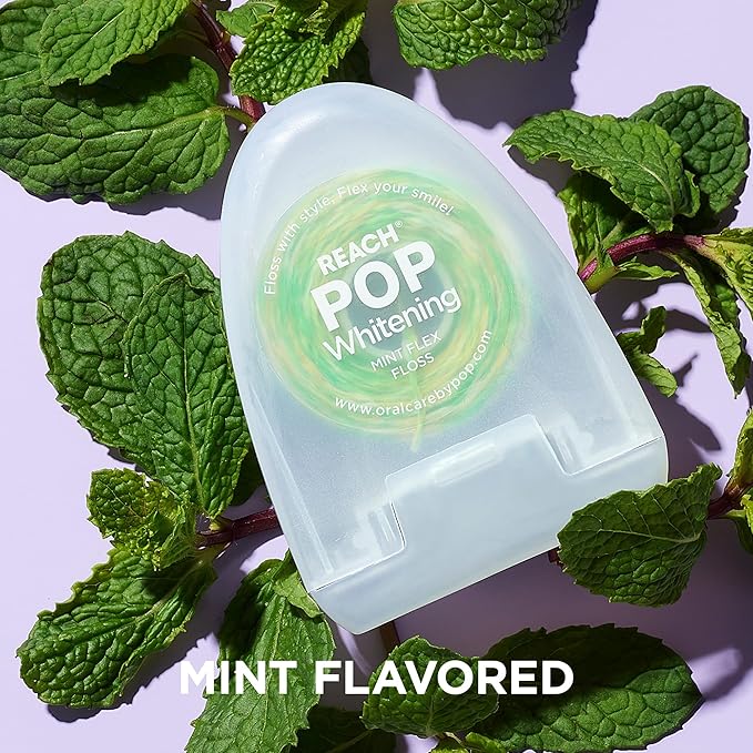 REACH POP Whitening Dental Floss, Mint, Baking Soda Infused, Teeth Whitening, Plaque Remover for Teeth, Shred Resistant, Vegan Wax, Cruelty Free, Oral Care, PFAS Free, 1 Pack, 54.6 yd