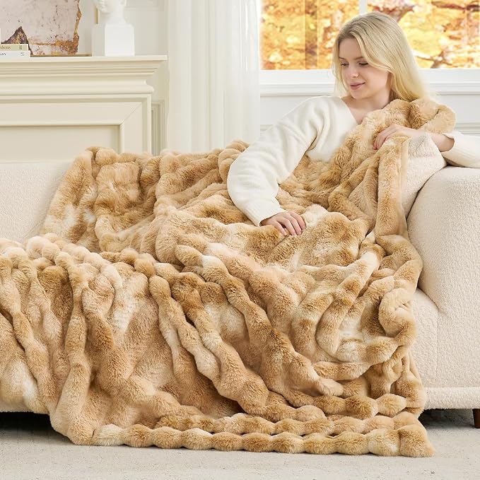 Cozy Bliss Deluxe Striped Rabbit Faux Fur Throw Blanket, Soft Fluffy Warm Plush Blanket for Winter, Modern Homr Decor, Tie-dye Khaki 50"x60"
